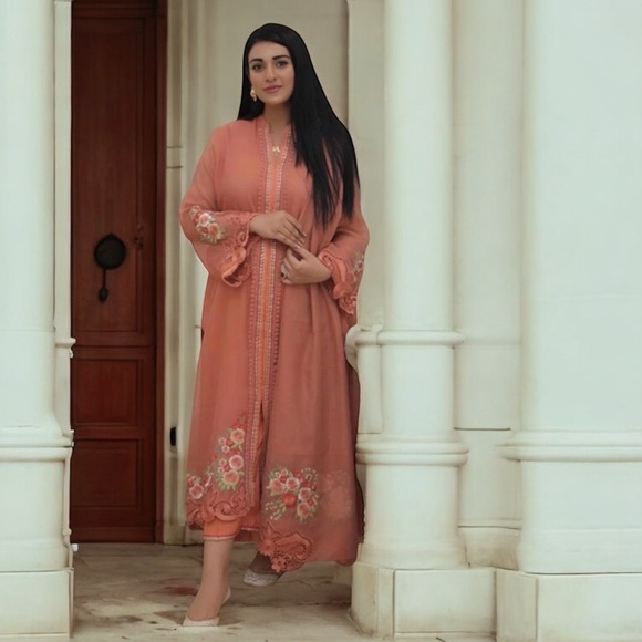 ZK Designs Tops - Elegant Peach Embroidered Long Dress 3Pc